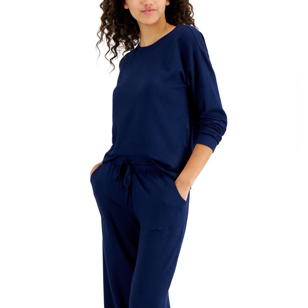 Jenni Navy 2pc Pajamas Soft Rib Knit Top and Draw String Bottoms from Macys NWT
